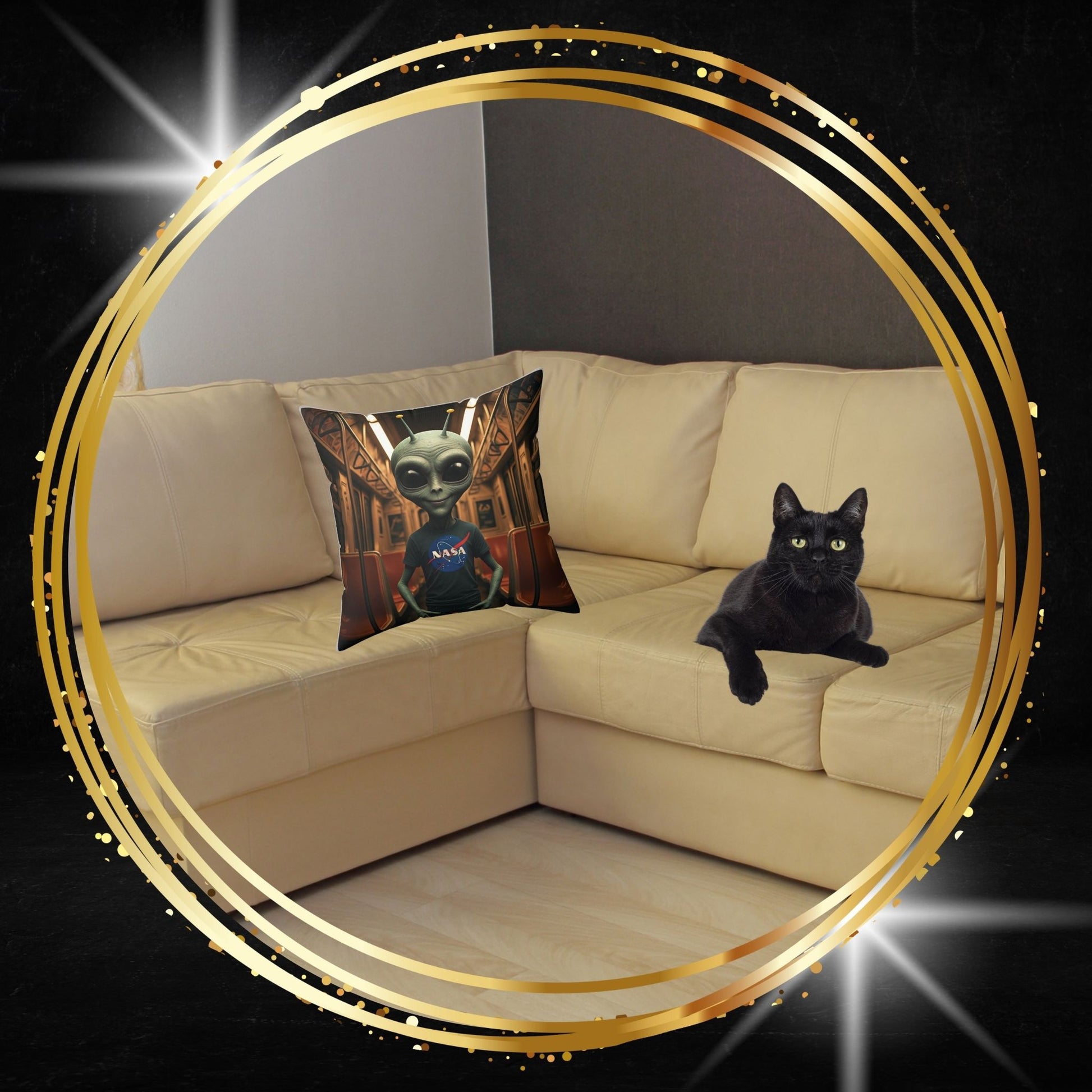 Beige sofa with a black cat and an alien in subway -themed pillow 