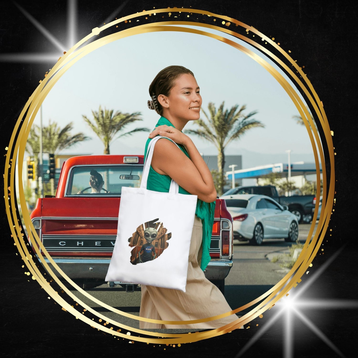 Woman holding a tote bag with a alien Nasa in subway unique design design in New York City street.
