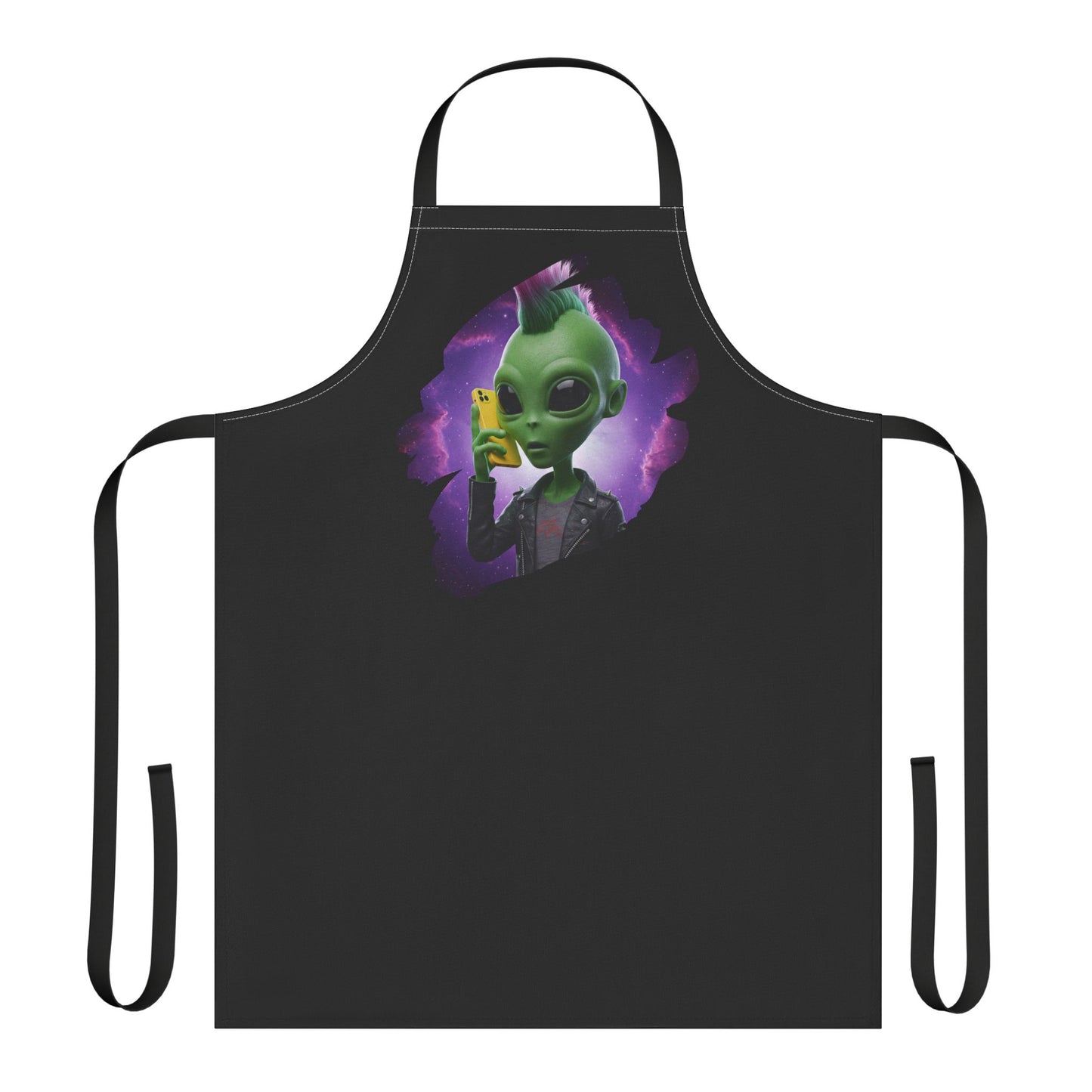 Punk rock alien with mohawk and leather jacket using a phone on a kitchen apron.