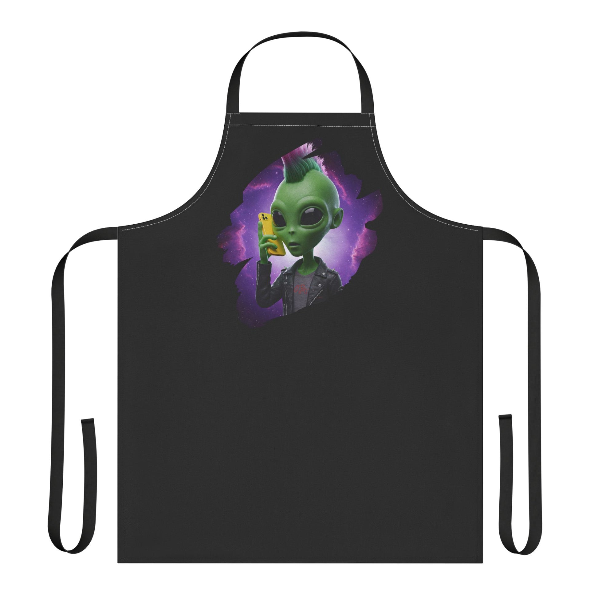Punk rock alien with mohawk and leather jacket using a phone on a kitchen apron.