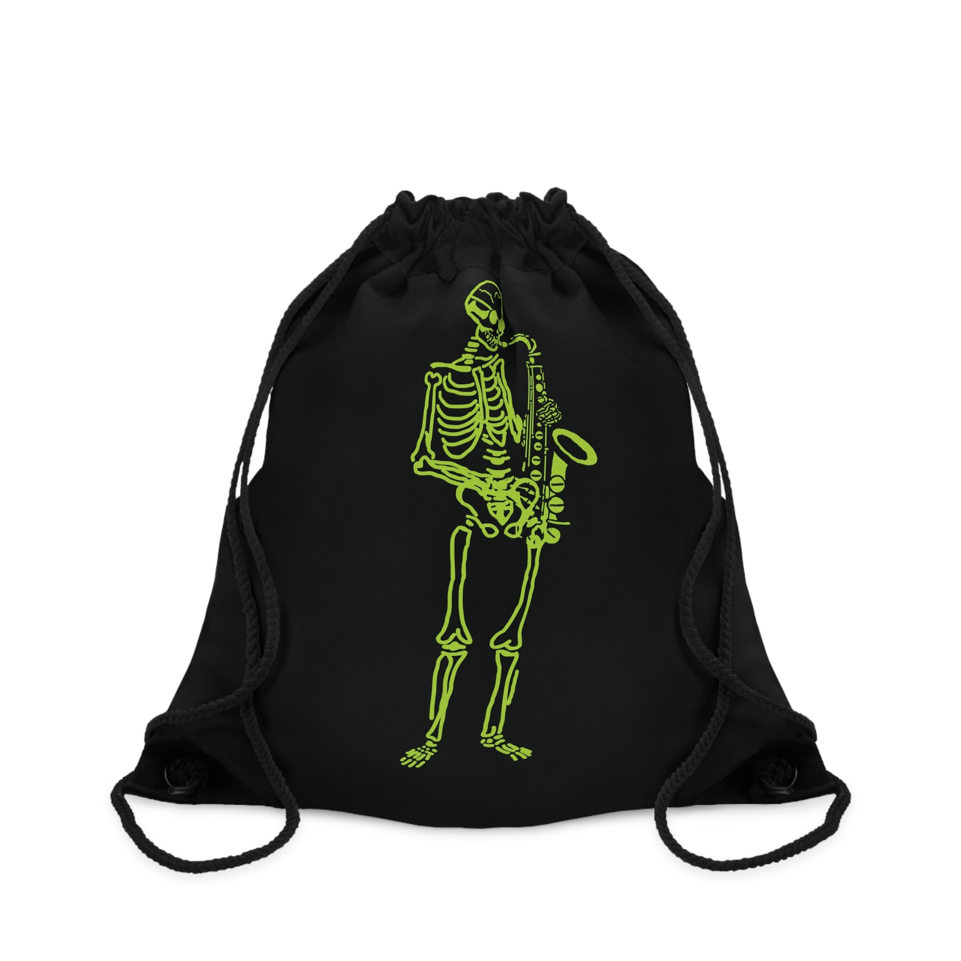 Black drawstring bag with fluo skeleton playing saxophone, unique jazz music gift