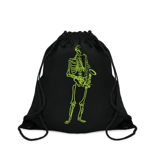 Black drawstring bag with fluo skeleton playing saxophone, unique jazz music gift
