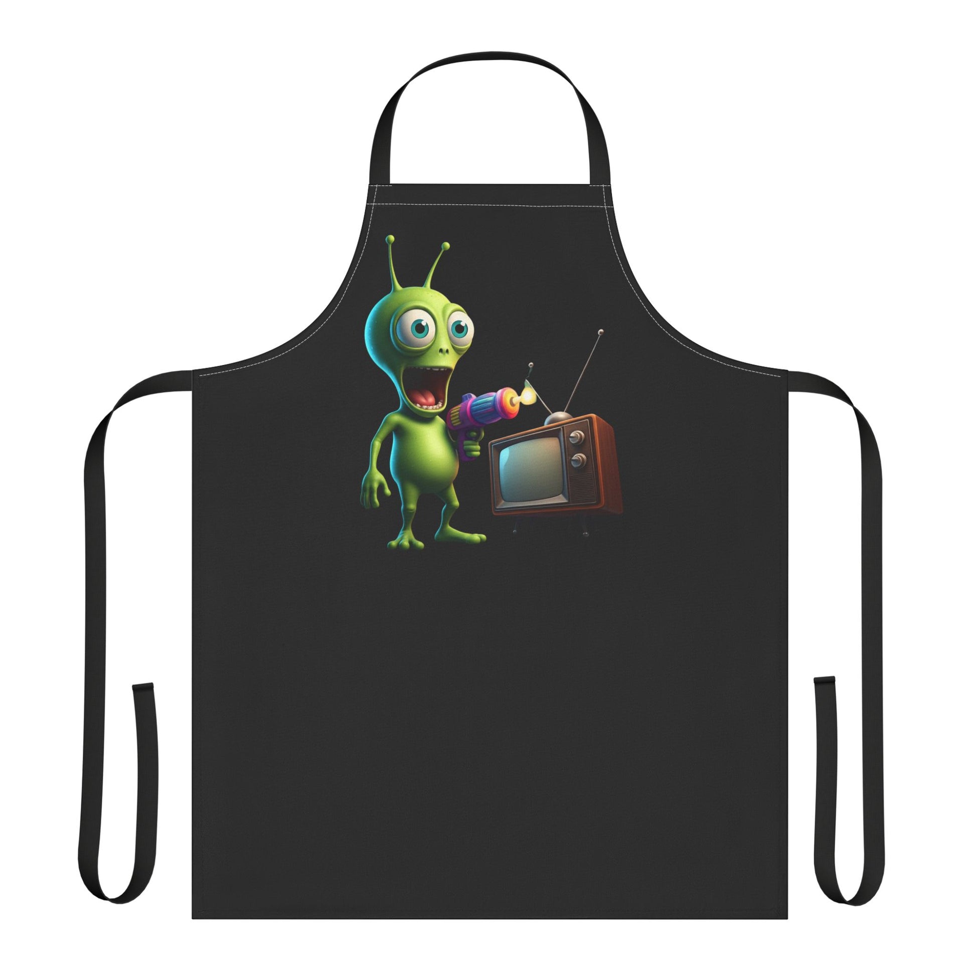 Alien using a ray gun on a vintage television set printed on a kitchen apron.