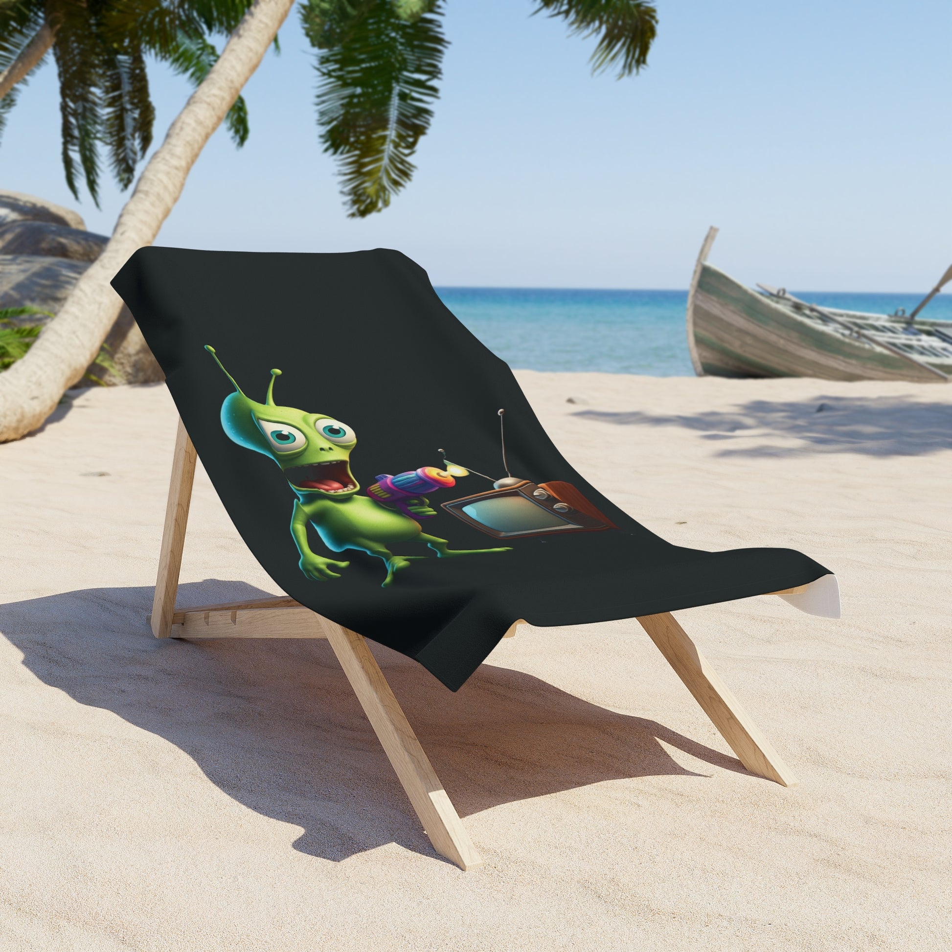 Black premium beach towel with a colorful 3D alien holding a retro TV remote, displayed on a wooden lounge chair at a tropical beach.