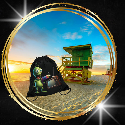 Alien Vibes Drawstring Bag: Bright Green Alien with Ray Gun & Retro TV - Fun Sci-Fi Backpack