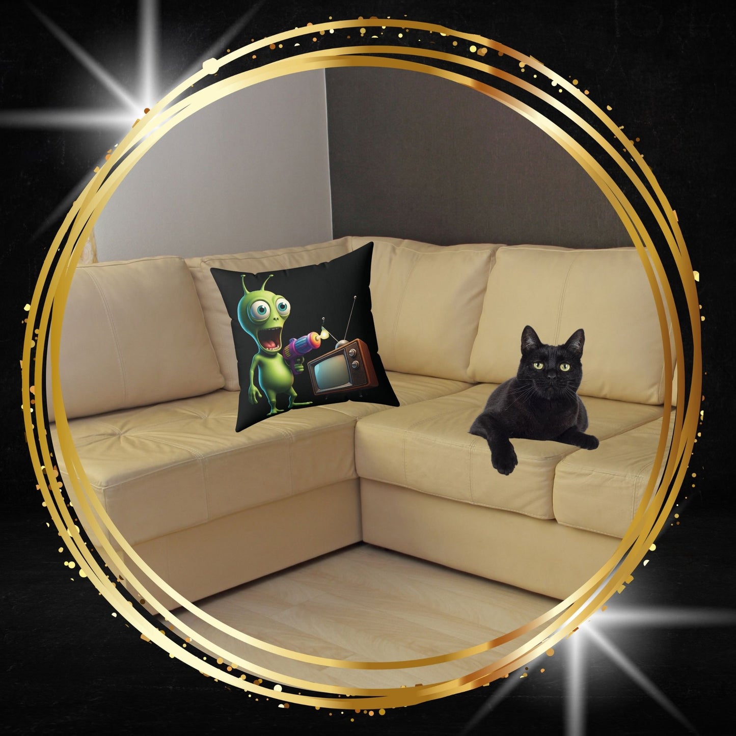 Beige sofa with a black cat and an alien zapping vintage tv - themed pillow 