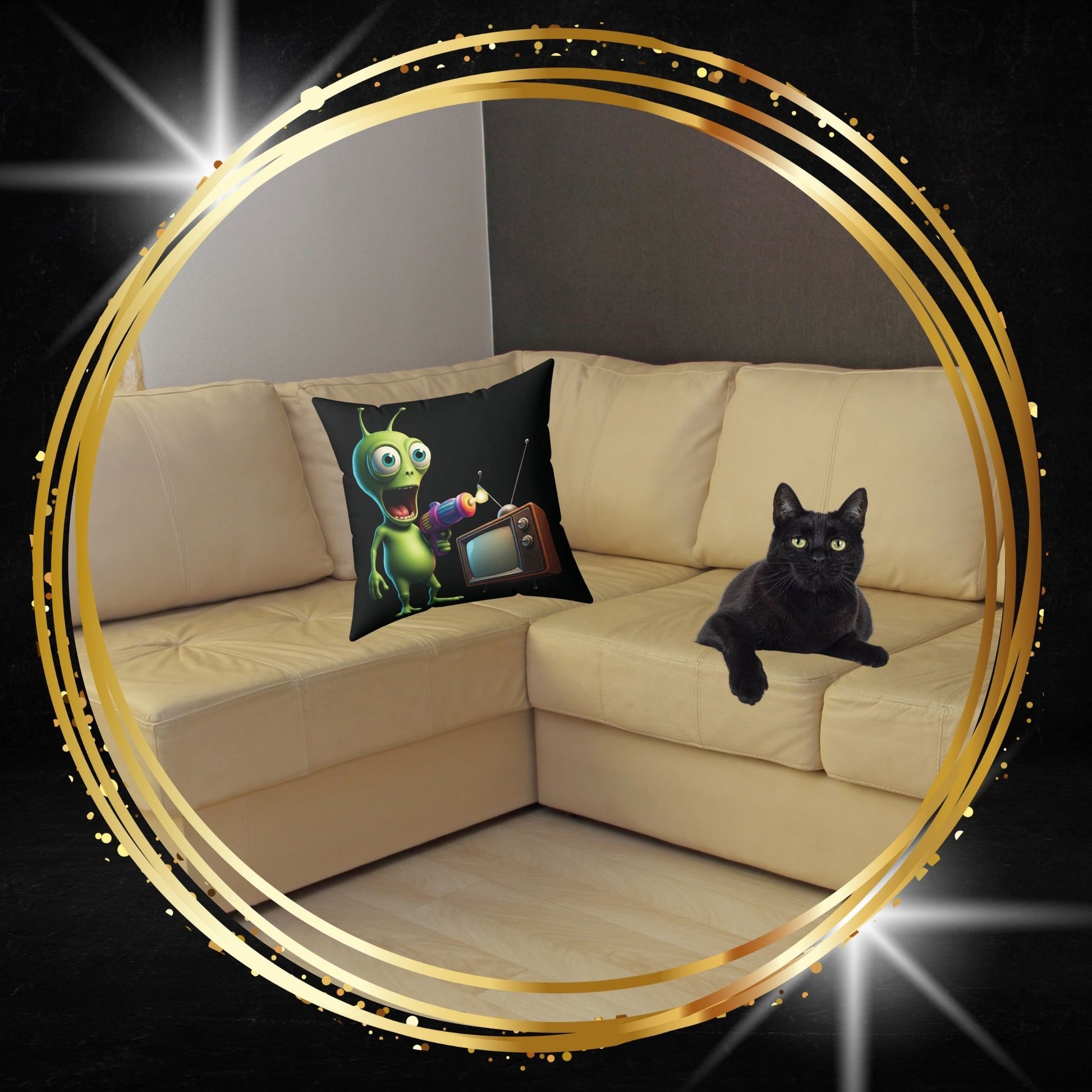 Beige sofa with a black cat and an alien zapping vintage tv - themed pillow 