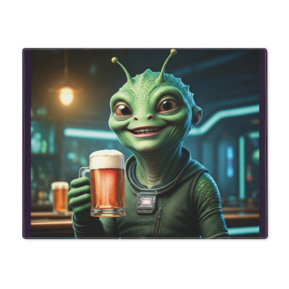 Green alien character holding a beer mug in a Milwaukee pub setting