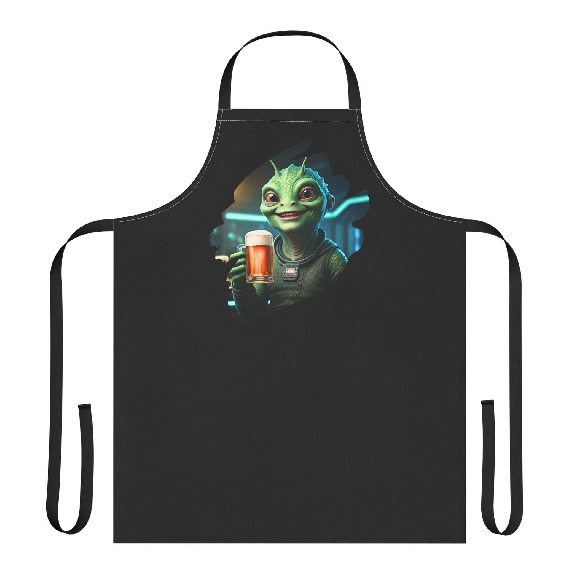 Green alien woman holding a beer mug in a pub setting on a kitchen apron