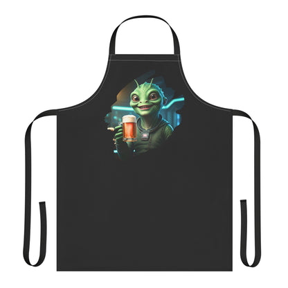 Green alien woman holding a beer mug in a pub setting on a kitchen apron