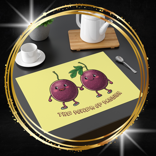 Fruit placemat with passion fruits original design on a table, the power of passion fruit placemat