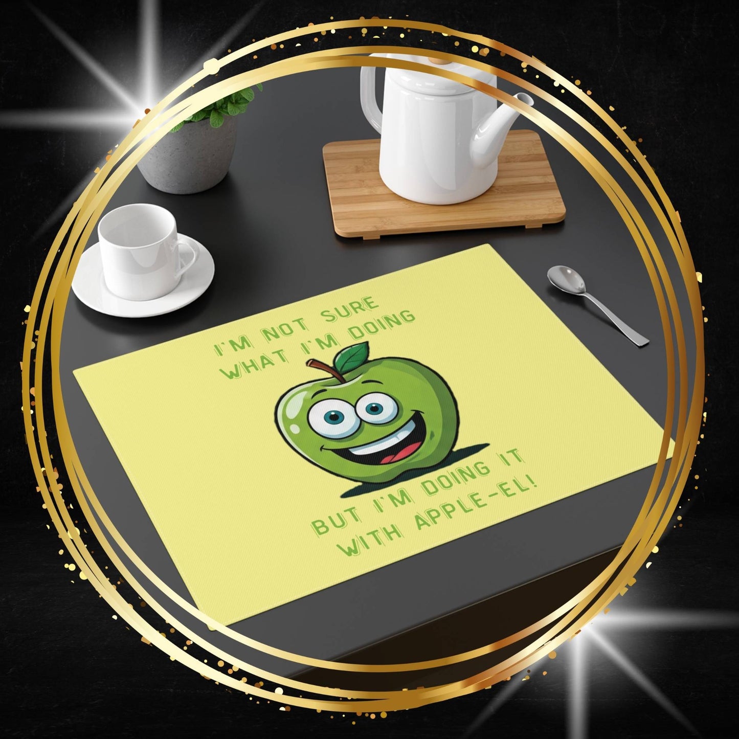 Fruit placemat with a cartoon apple character and humorous text on a dining table setup - Athletic Fruits Collection
