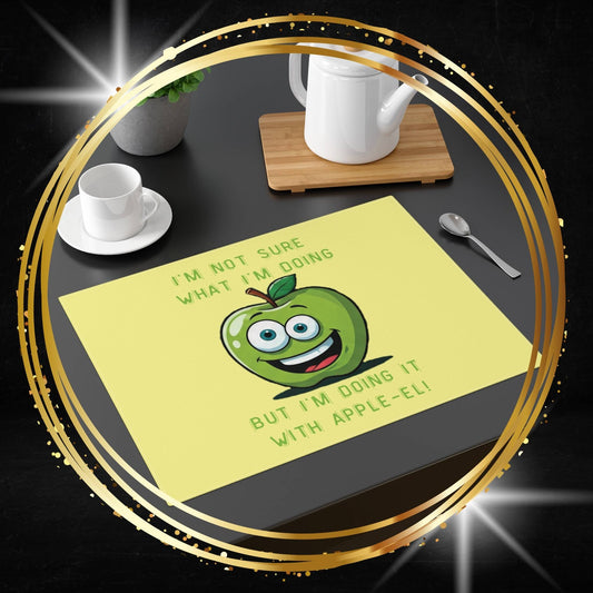 Fruit placemat with a cartoon apple character and humorous text on a dining table setup - Athletic Fruits Collection