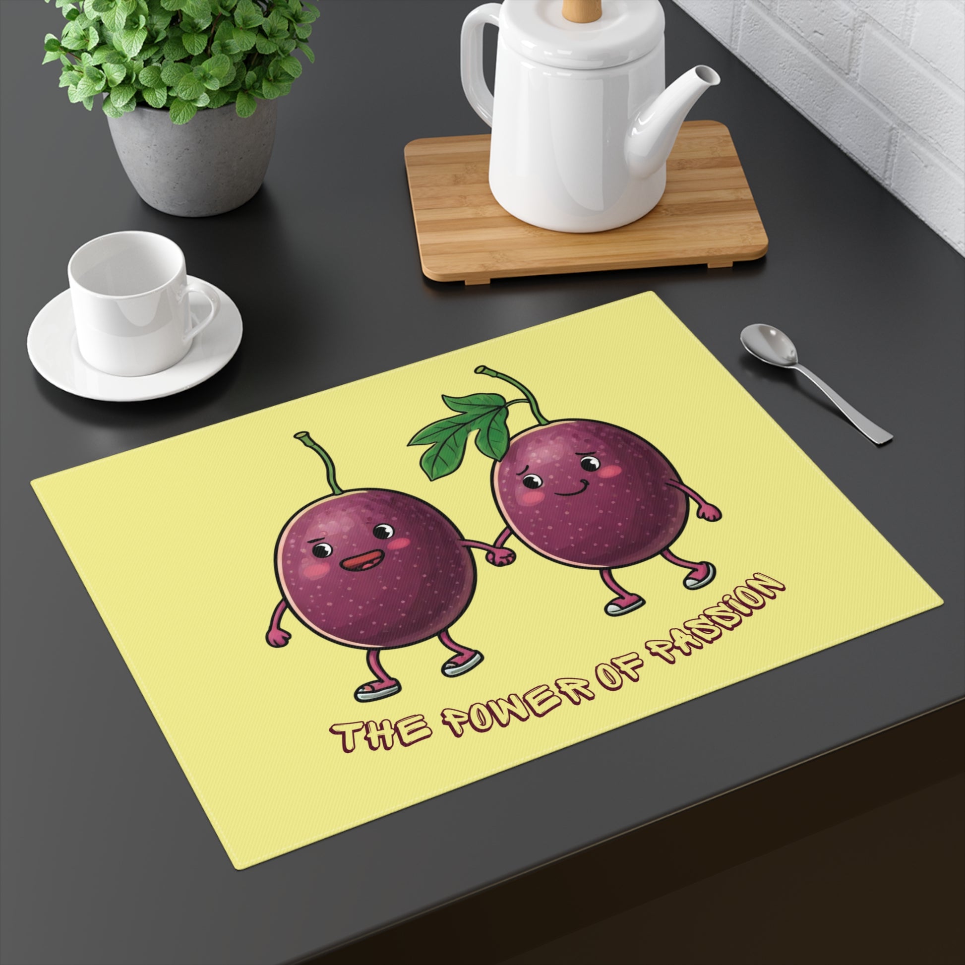 Placemat with a cartoon passion fruits character and humorous text on a dining table setup - Athletic Fruits Collection