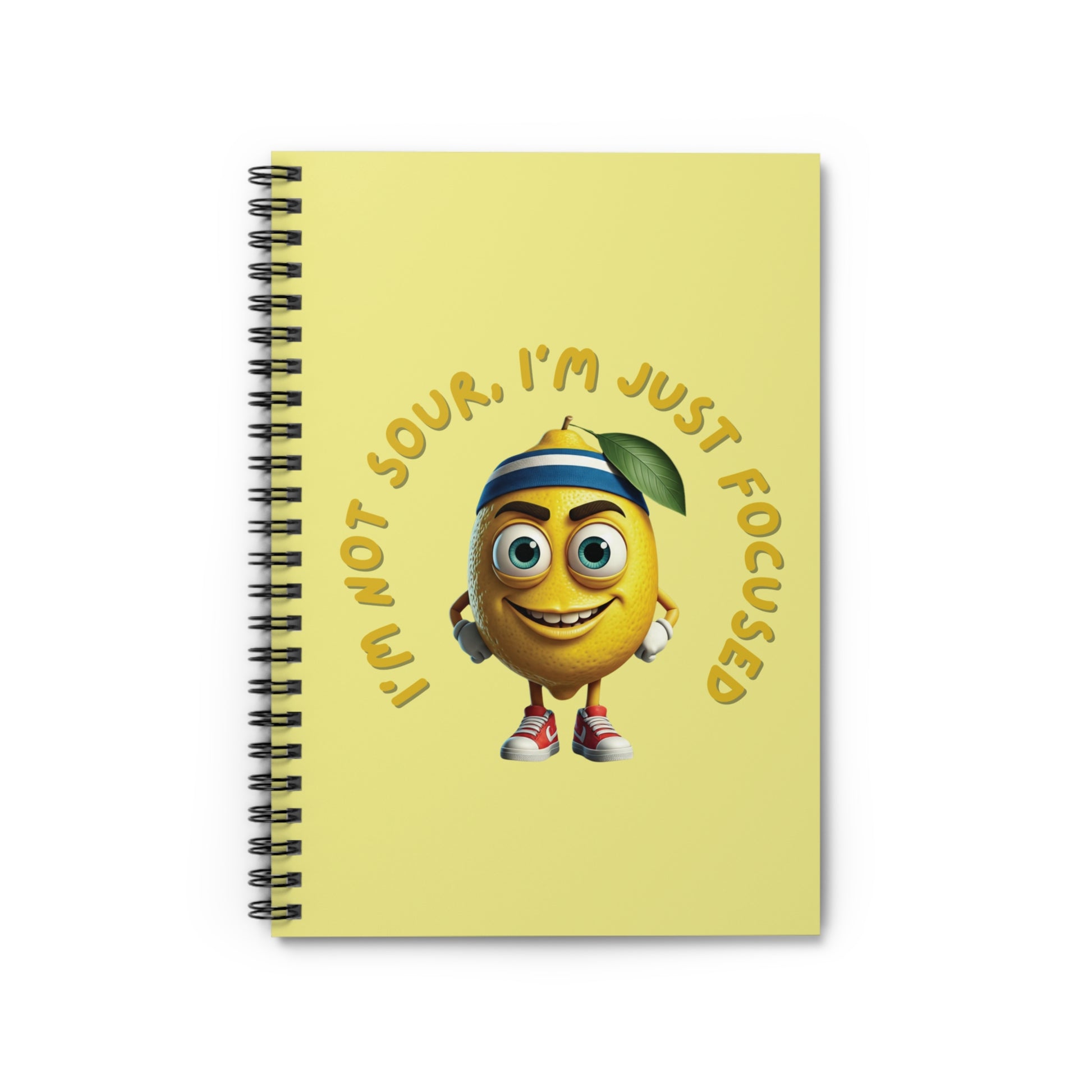 Spiral notebook with a unique lemon design and text on a yellow background
