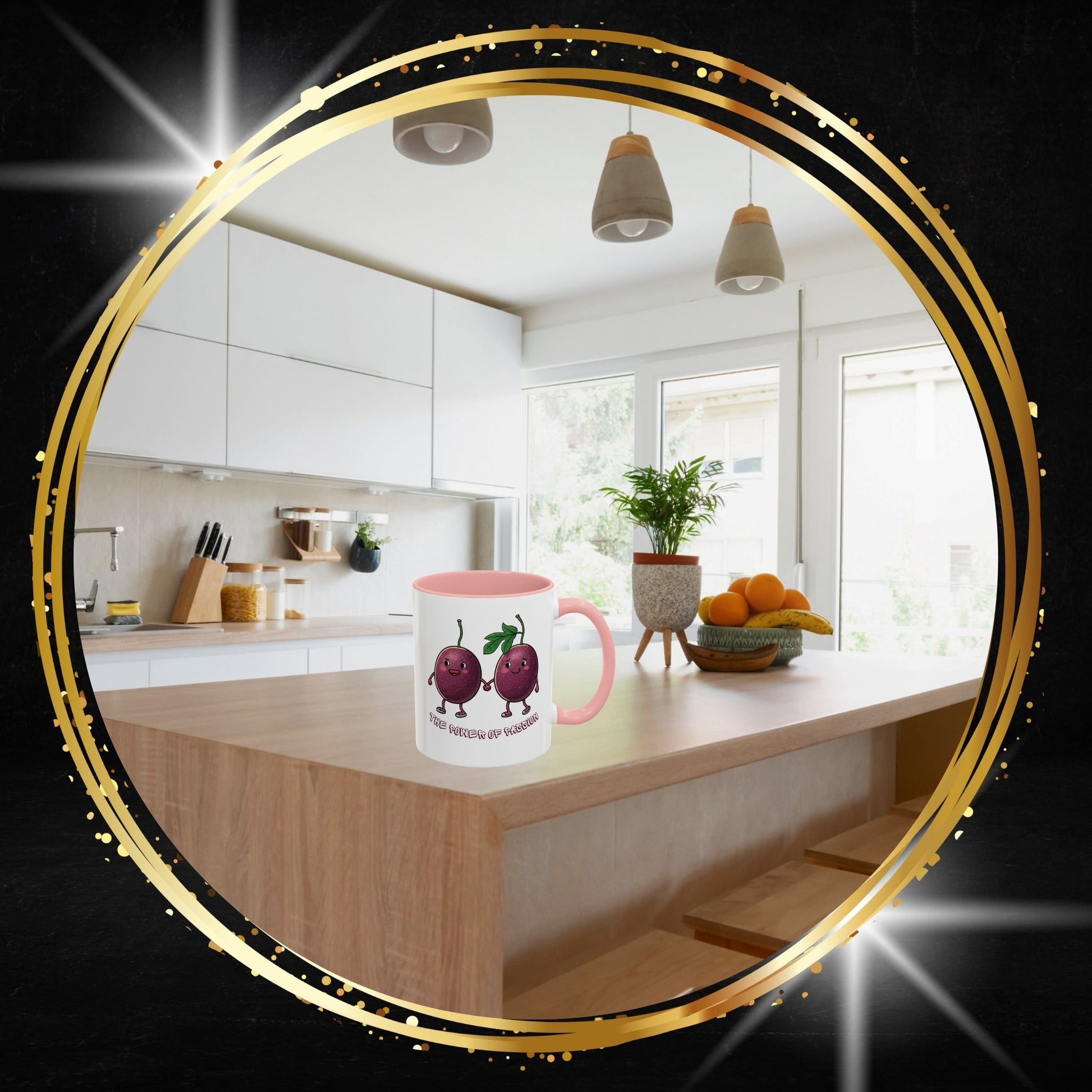 Kitchen scene with a mug fruit featuring plum design, passione Fruits design, framed by a decorative gold border.