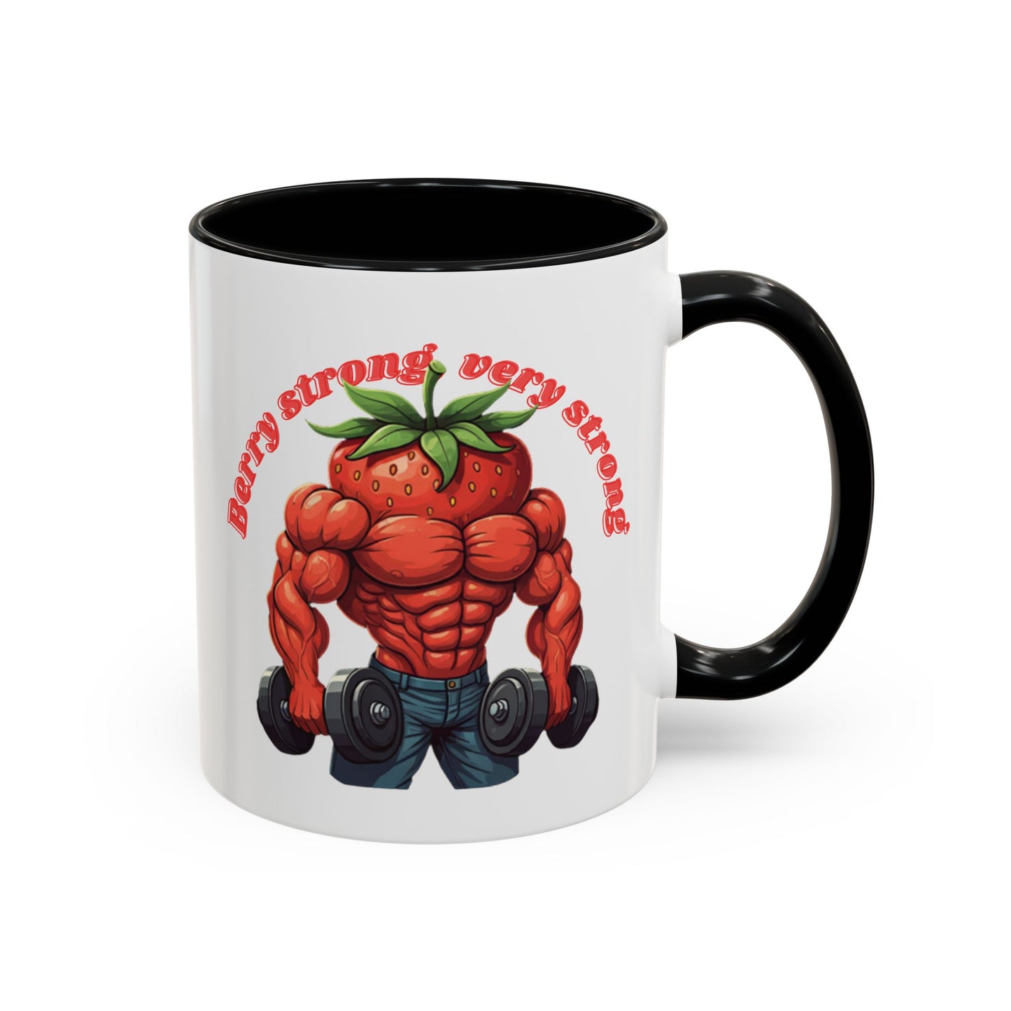 Muscular body with a strawberry head lifting weights on a black mug with "Berry strong - very strong" text.
