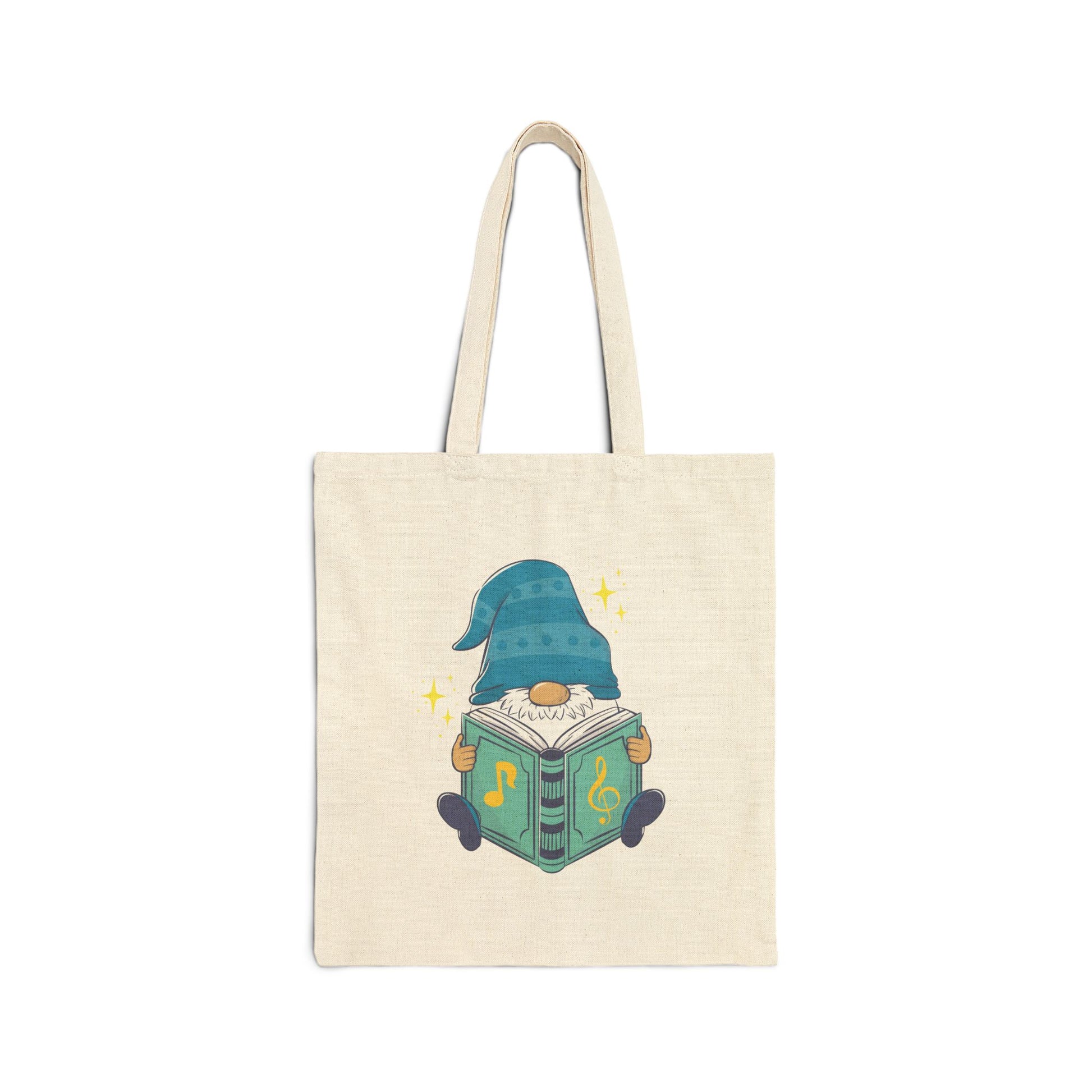 Canvas tote bag with a magical reading gnome design for unique book lover gifts