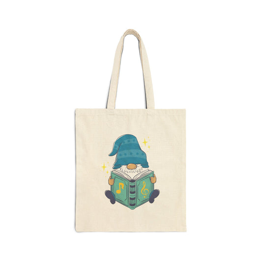 Canvas tote bag with a magical reading gnome design for unique book lover gifts