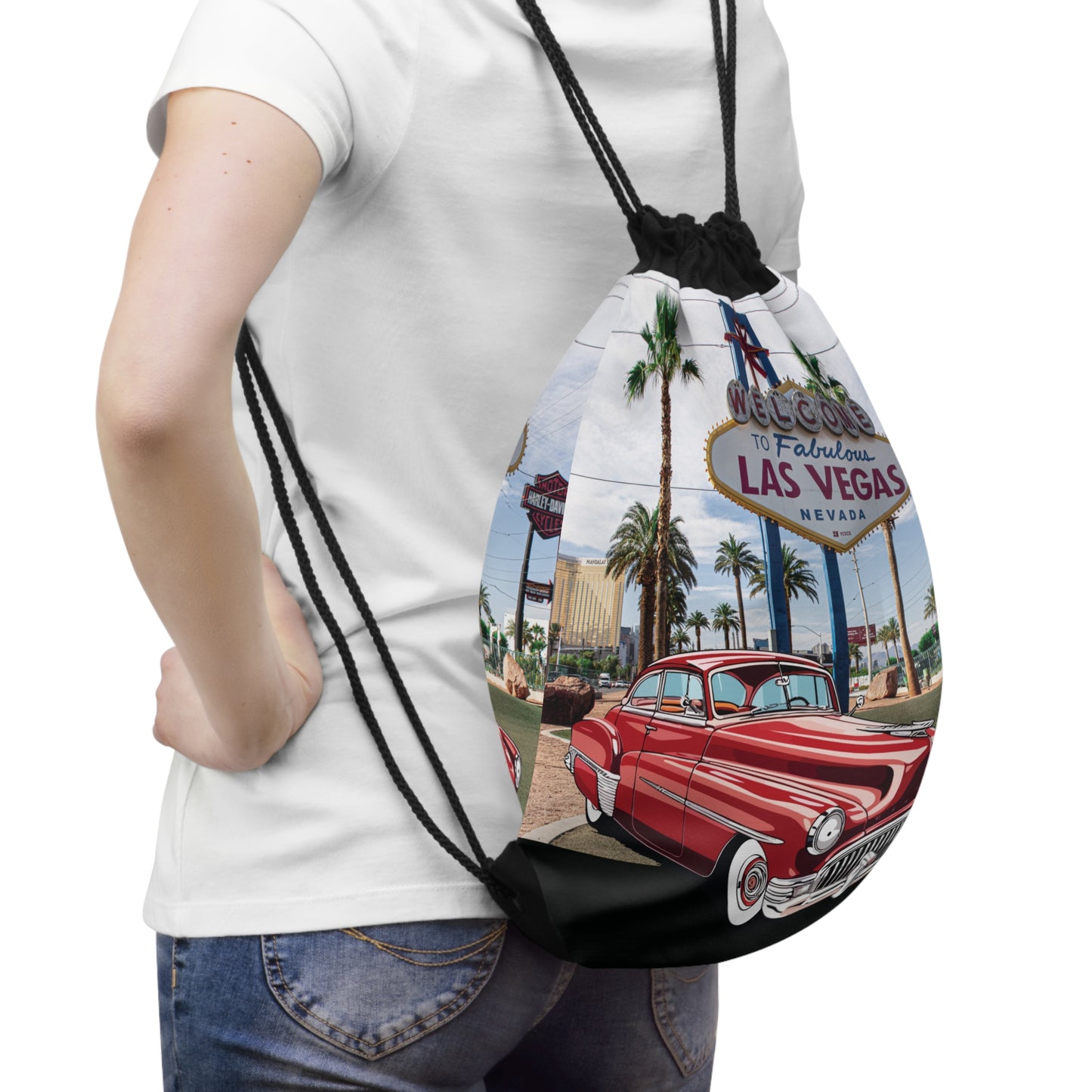 Buick 1950s Drawstring Bag: Vintage Car & Hollywood City Print - Lightweight, Foldable & Durable Retro Accessory