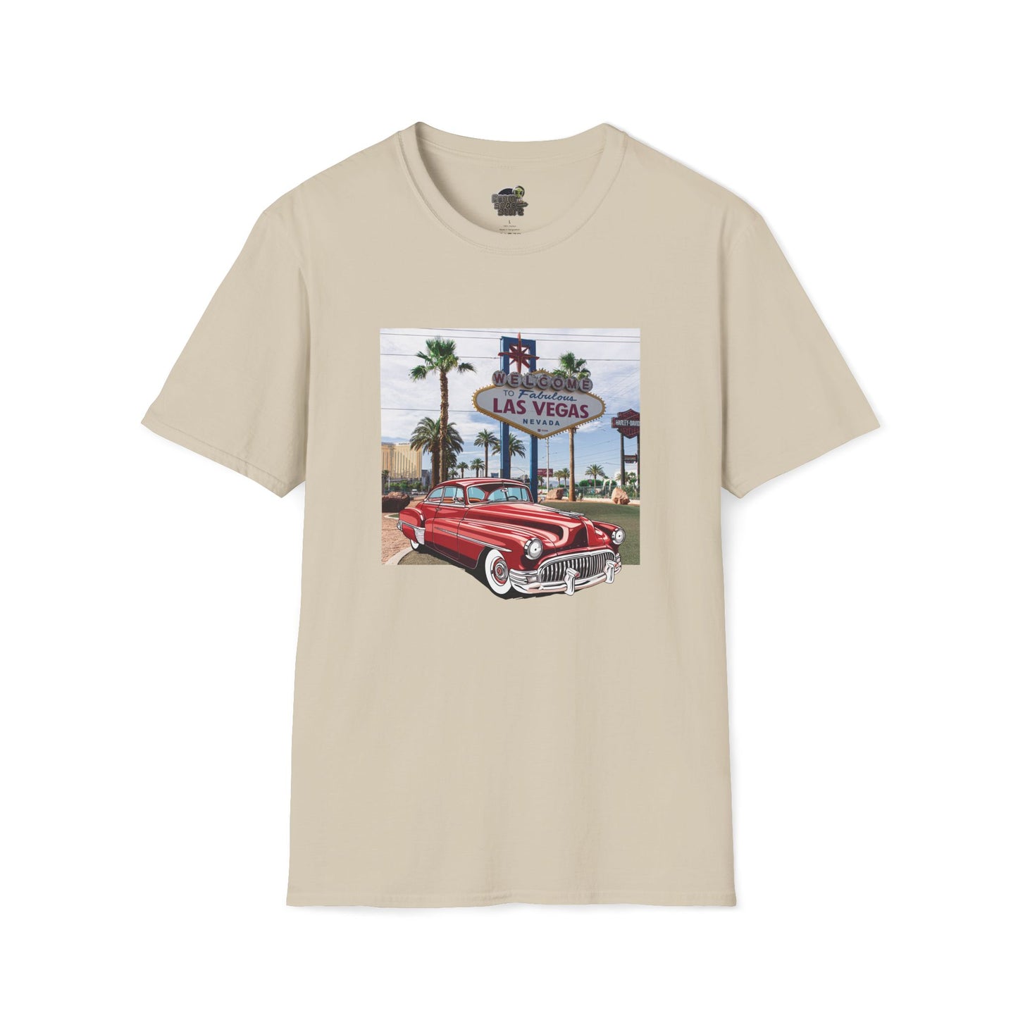 Natural t-shirt with a graphic of a buick 1950s car and Las Vegas sign background 