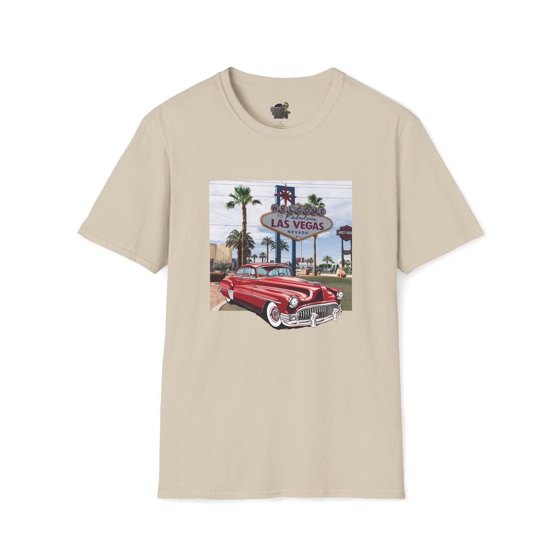 Natural t-shirt with a graphic of a buick 1950s car and Las Vegas sign background 