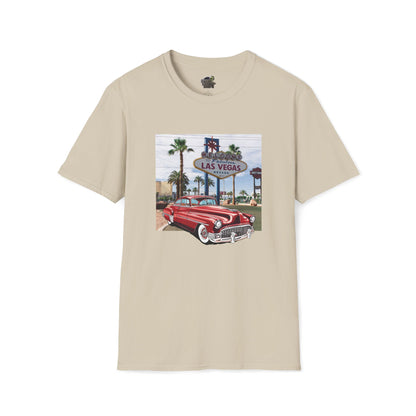 Natural t-shirt with a graphic of a buick 1950s car and Las Vegas sign background 