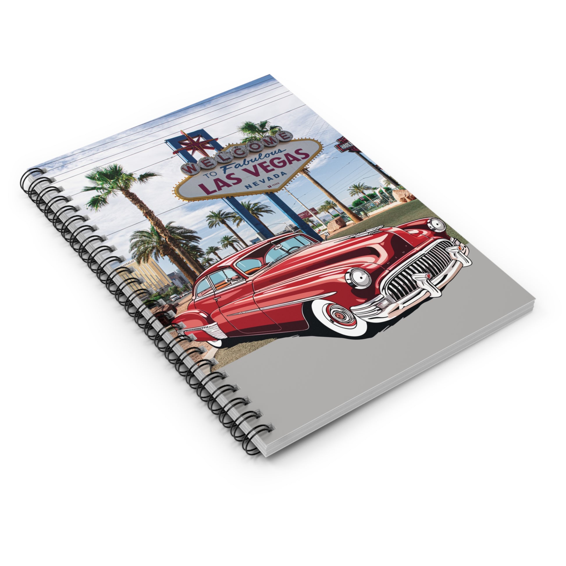 Notebook with Las Vegas design featuring a red Buick and Welcome to Fabulous Las Vegas sign.