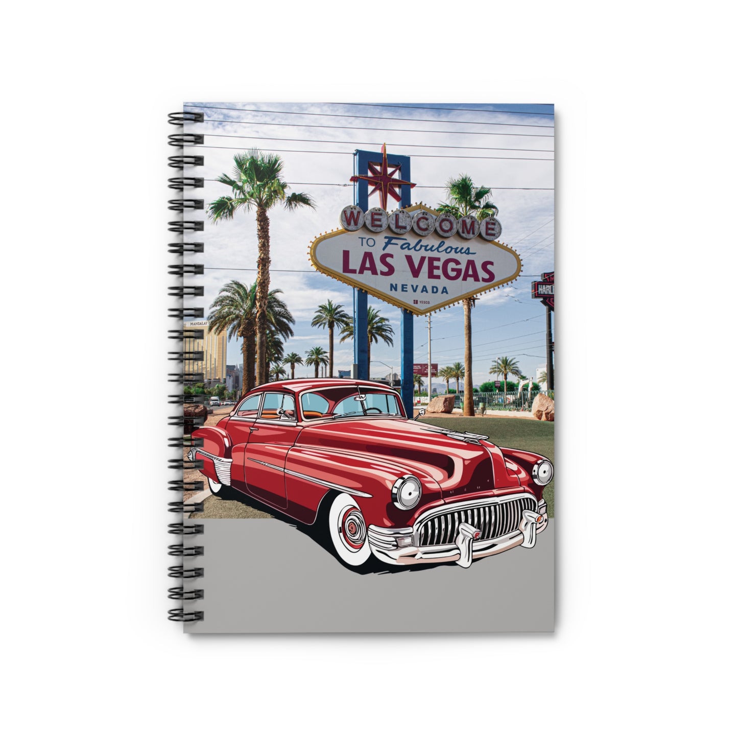 Notebook with a red vintage car and Las Vegas sign design on the cover