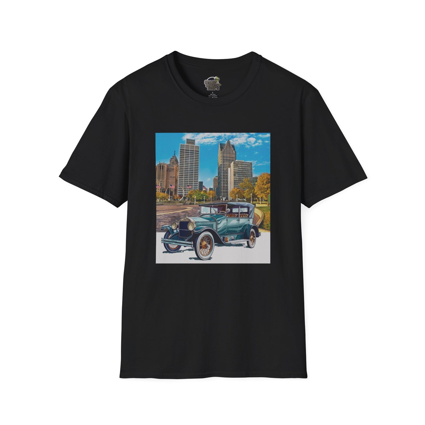 Black t-shirt with a graphic of a vintage Buick car and cityscape
