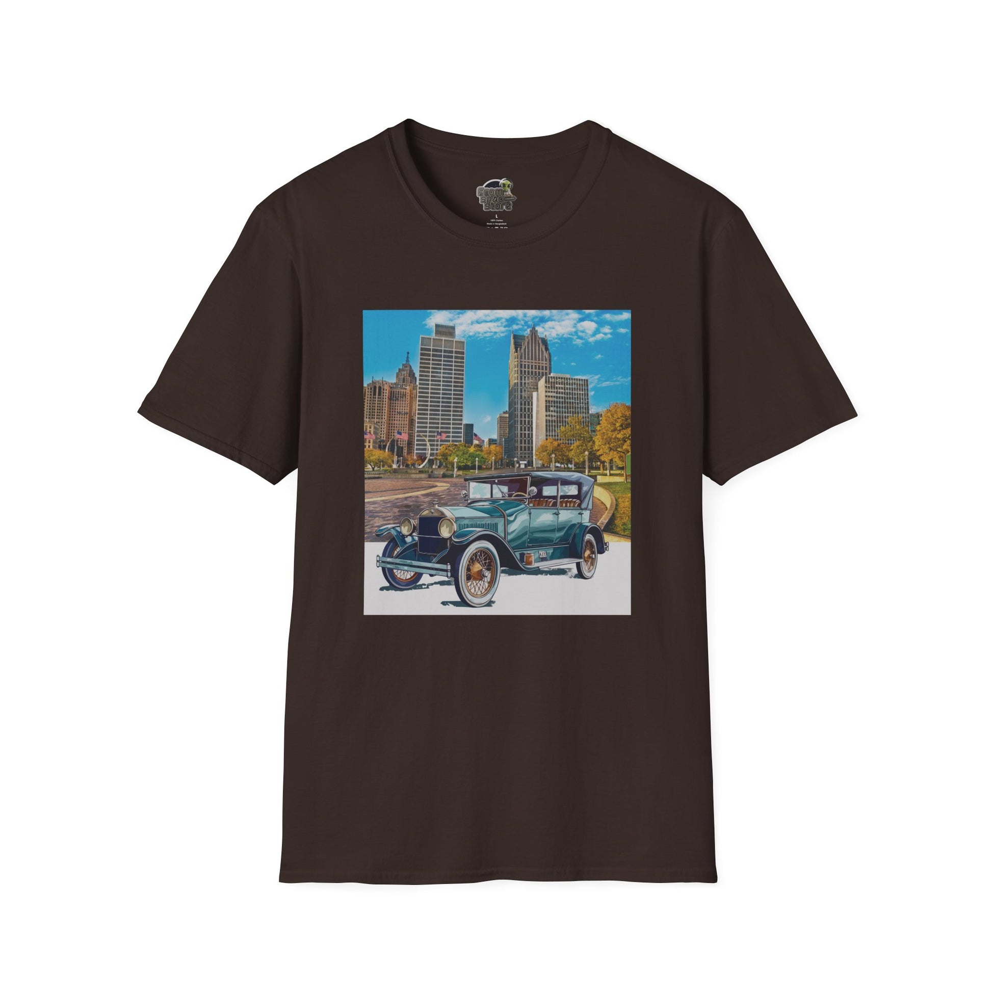 Brown t-shirt with a graphic of an old Buick car and cityscape 