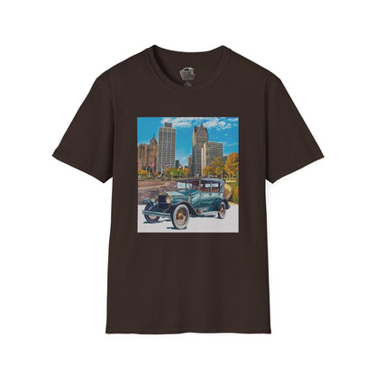 Brown t-shirt with a graphic of an old Buick car and cityscape 