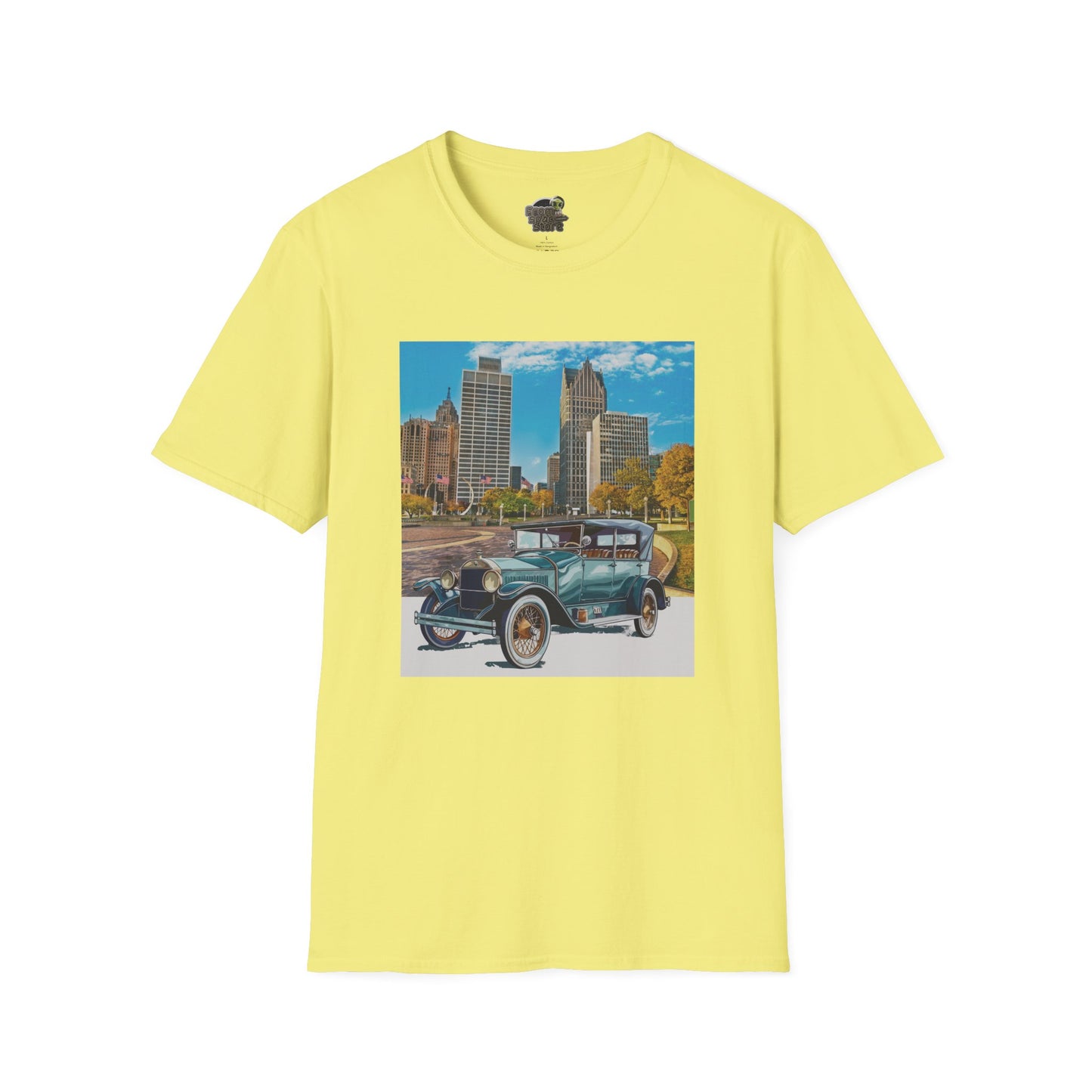 Yellow t-shirt with a graphic of a vintage Buick car and cityscape 
