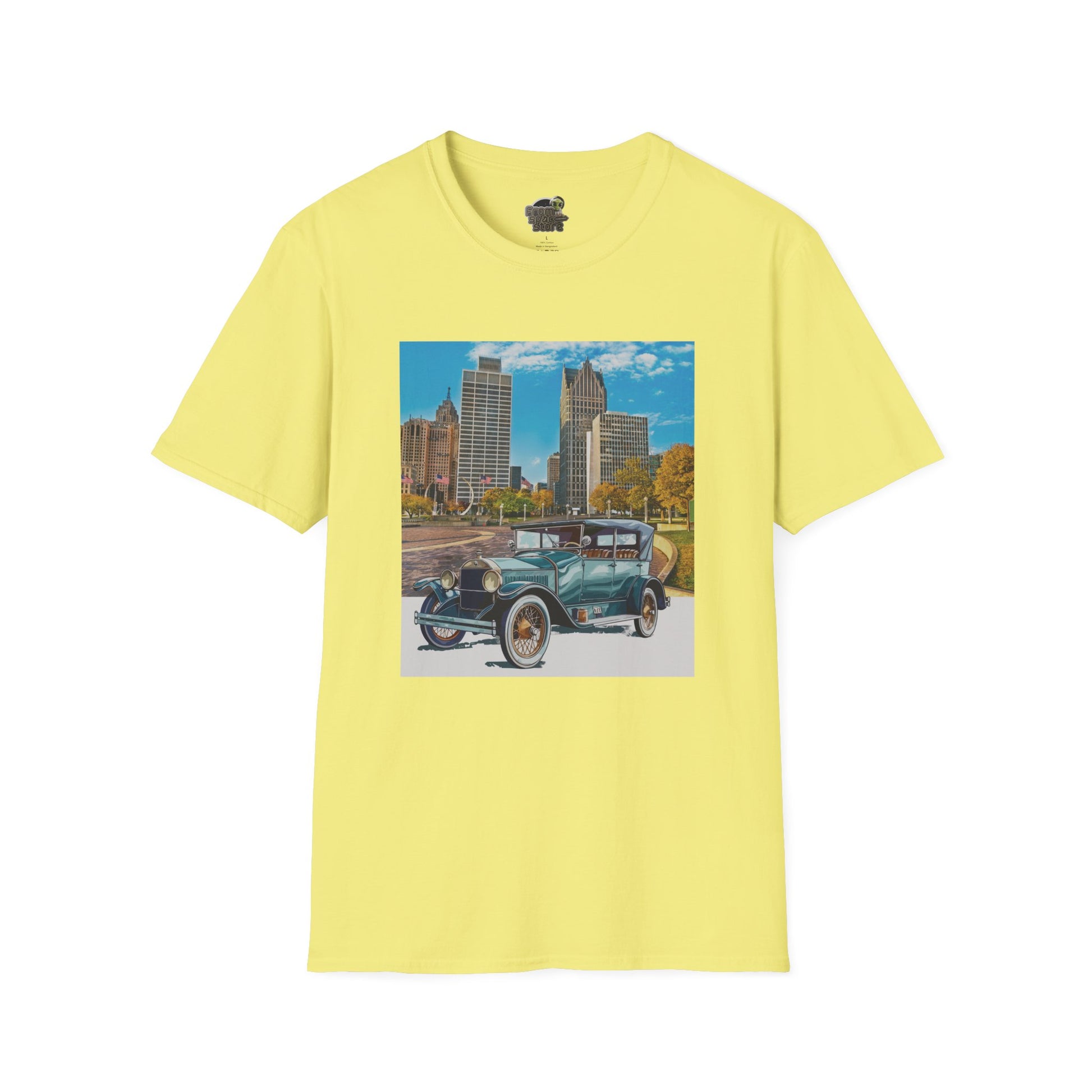 Yellow t-shirt with a graphic of a vintage Buick car and cityscape 
