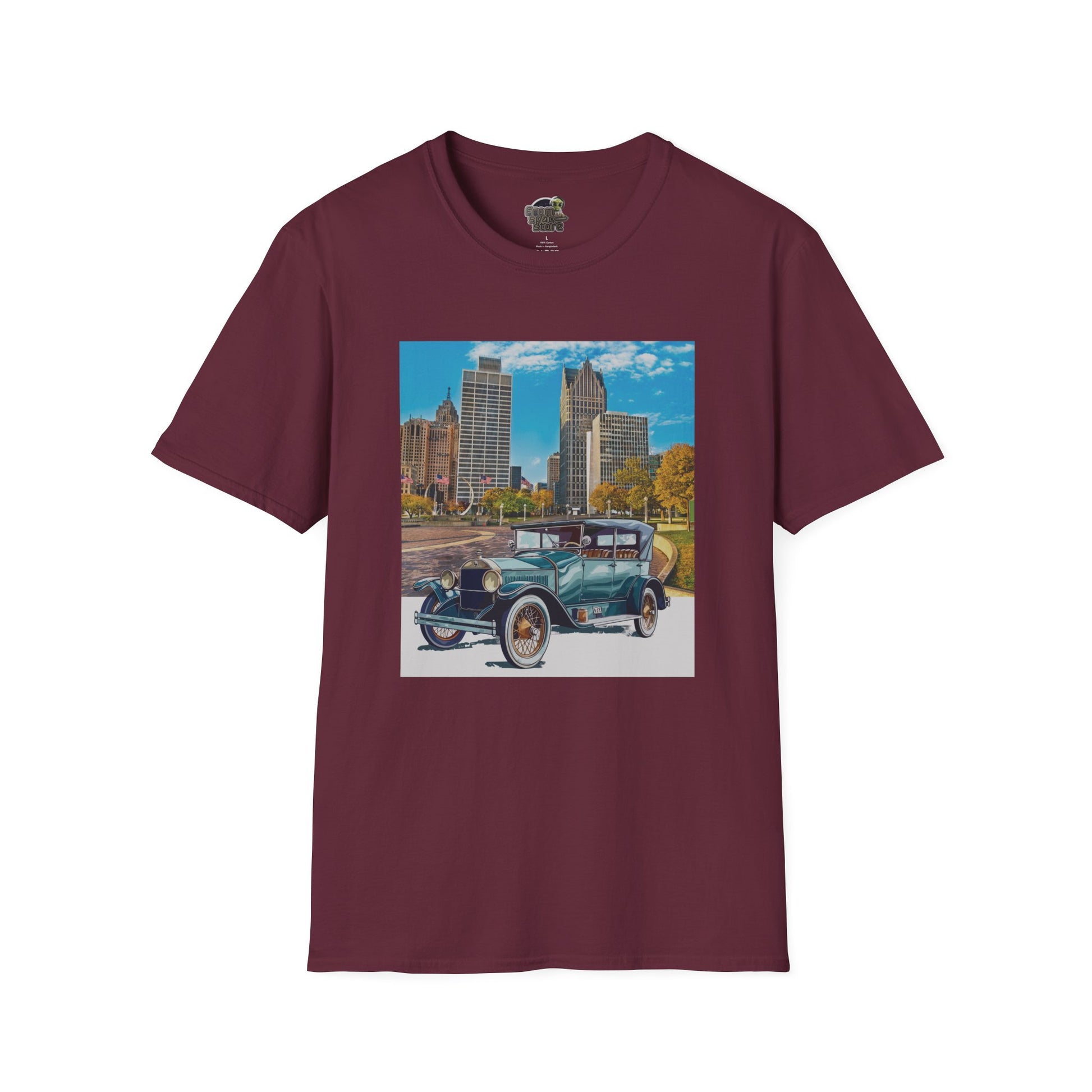 Maroon t-shirt with a graphic of an old Buick car and cityscape 