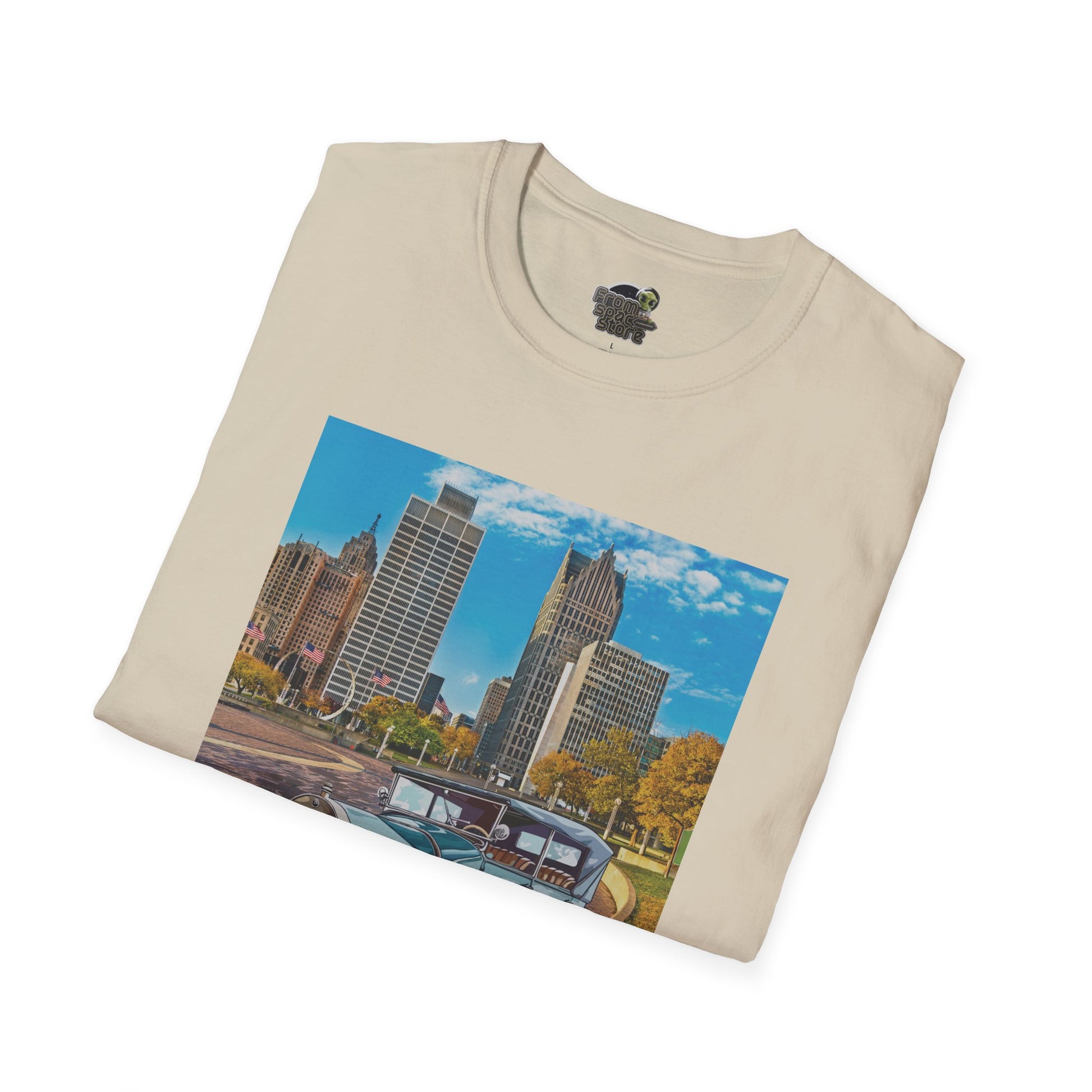 Natural folded t-shirt with a cityscape graphic 