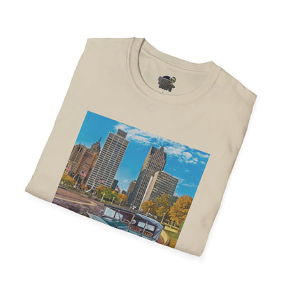 Natural folded t-shirt with a cityscape graphic 