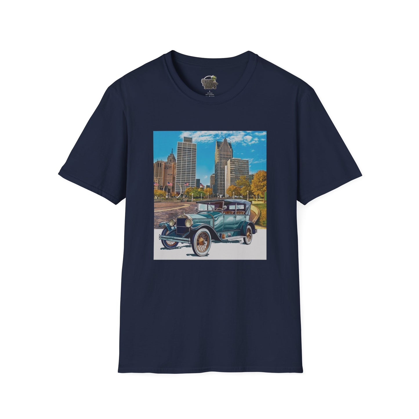 Navy blue t-shirt with a graphic of an old Buick car and cityscape 