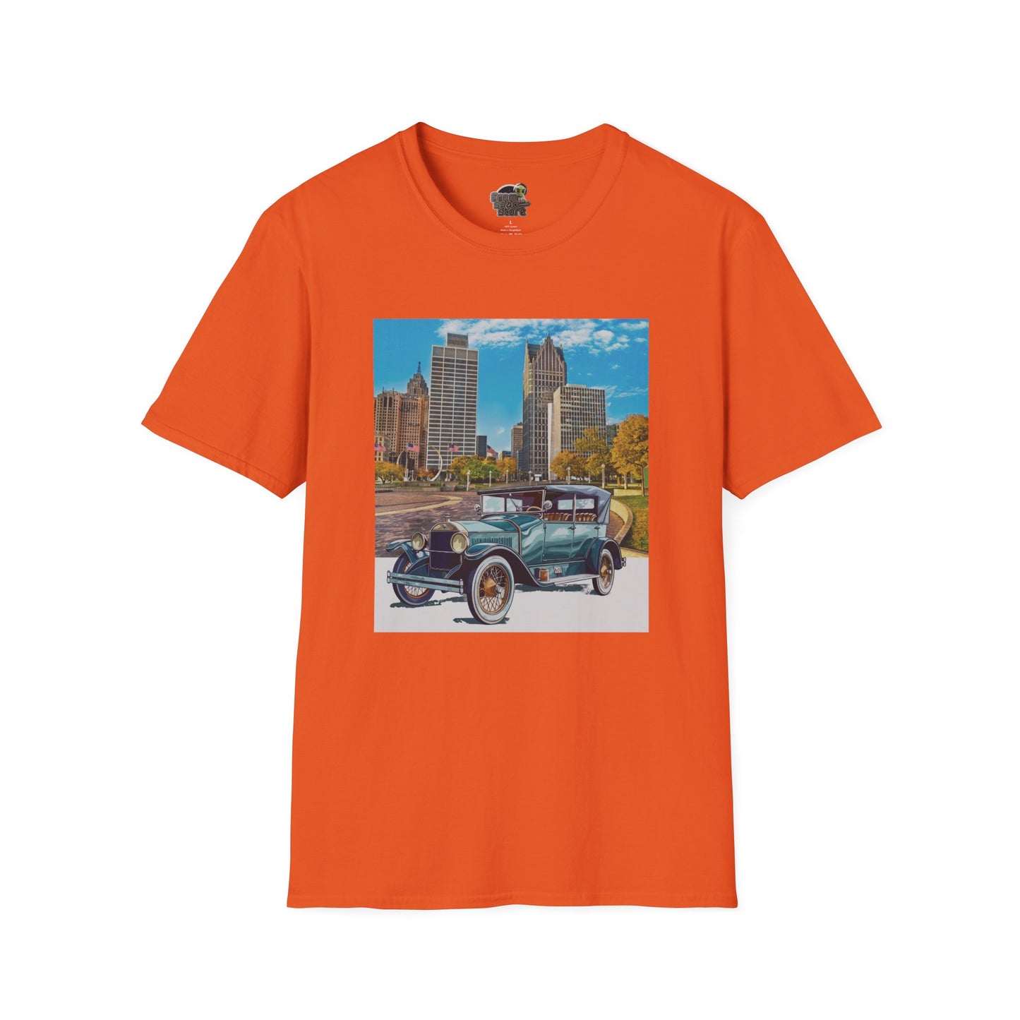 Orange t-shirt with a graphic of an old Buick car and cityscape