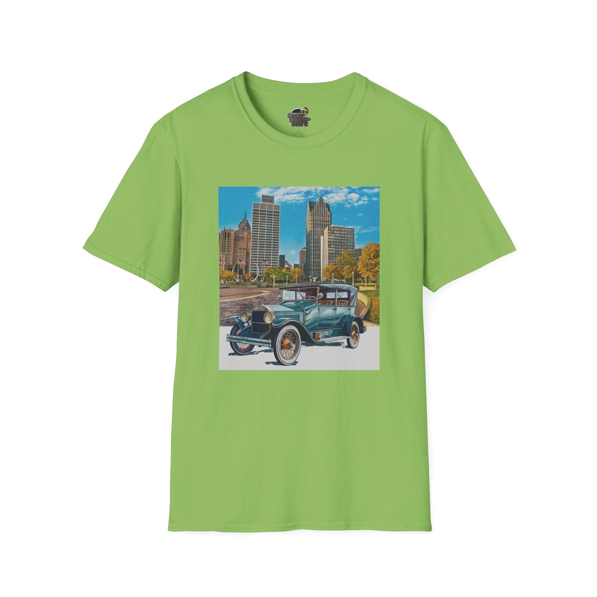 Green pistacchio t-shirt with a graphic of a vintage Buick car and cityscape 