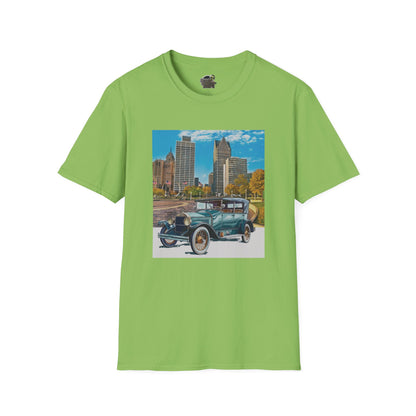 Green pistacchio t-shirt with a graphic of a vintage Buick car and cityscape 