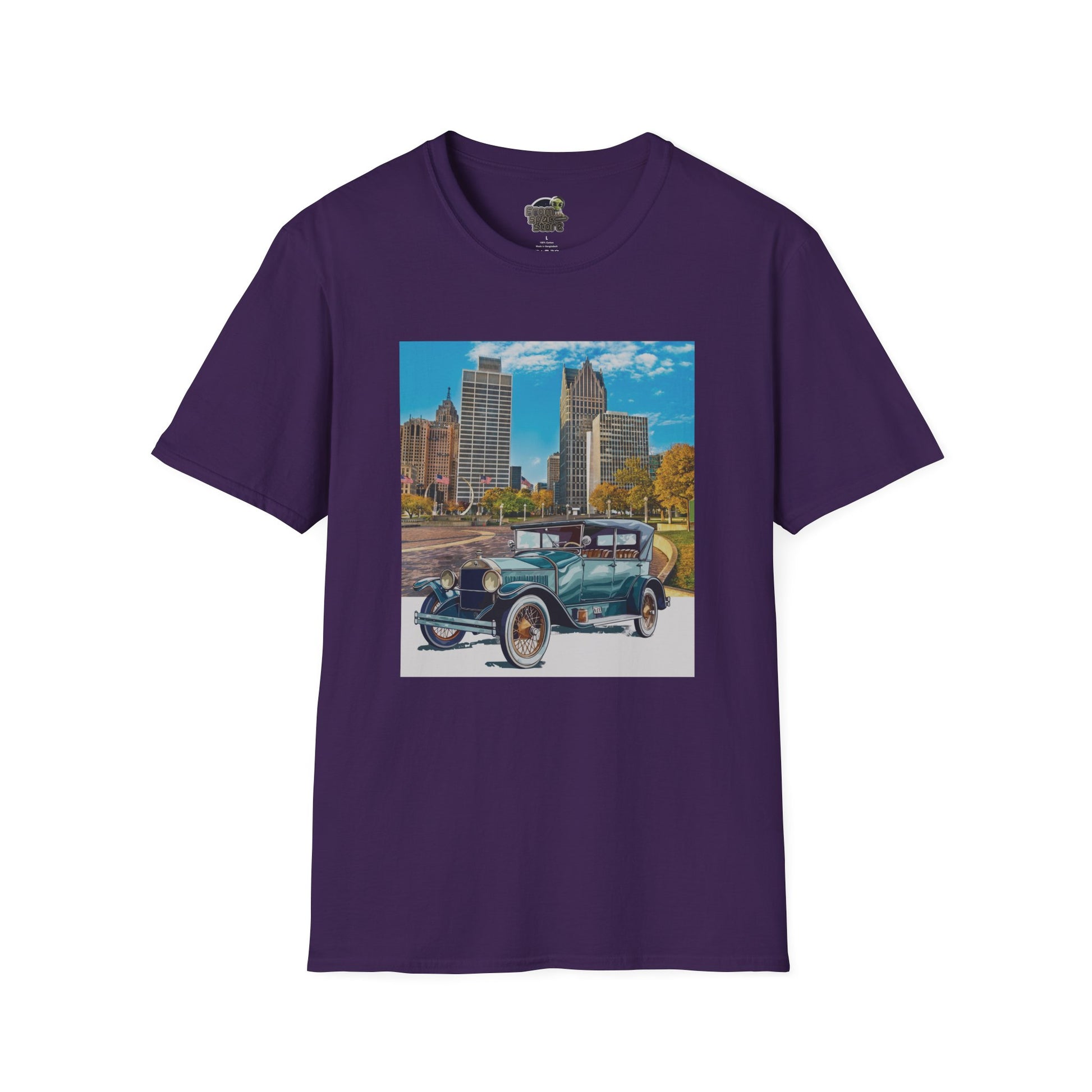 Purple t-shirt with a graphic of an old Buick car and cityscape 