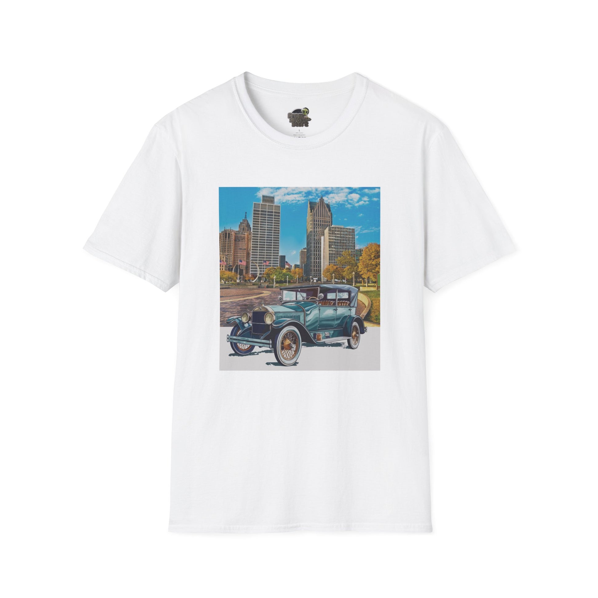 White t-shirt with a graphic of an old Buick car and cityscape 