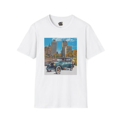 White t-shirt with a graphic of an old Buick car and cityscape 