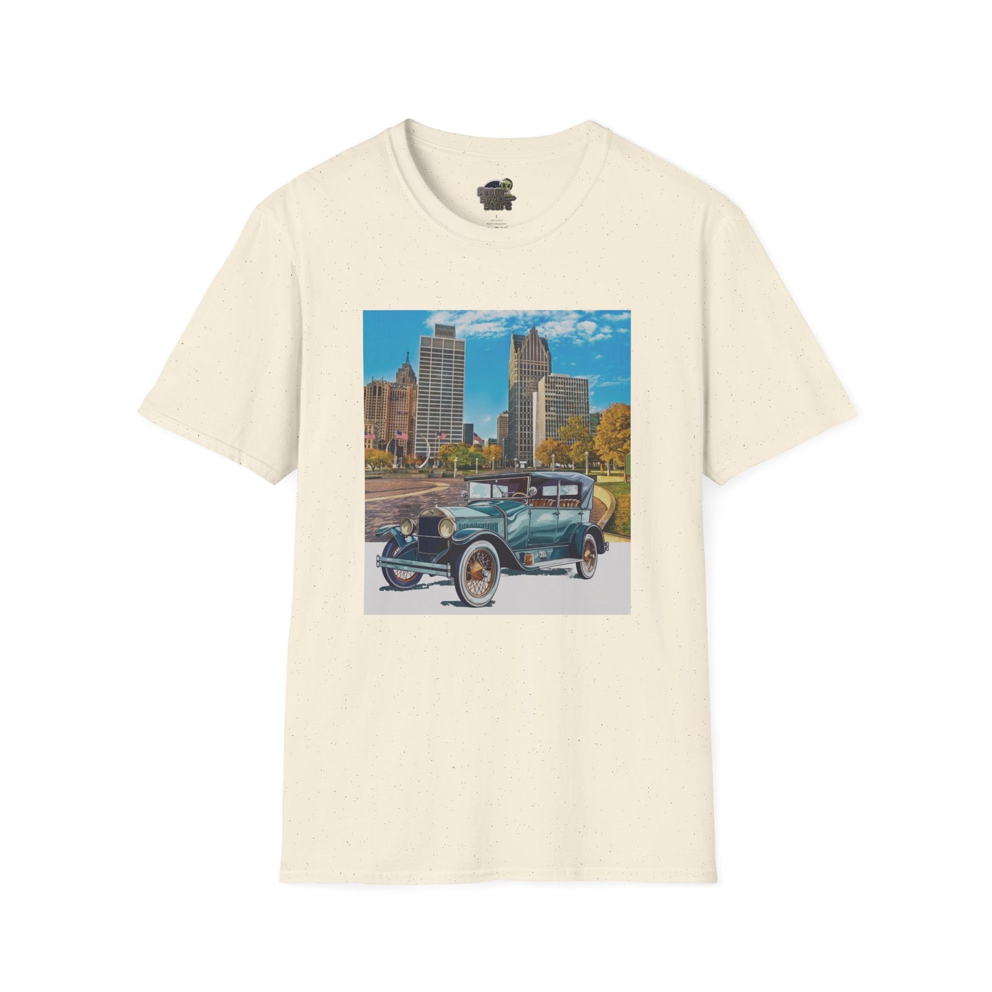 White t-shirt with a graphic of an old Buick car and cityscape 