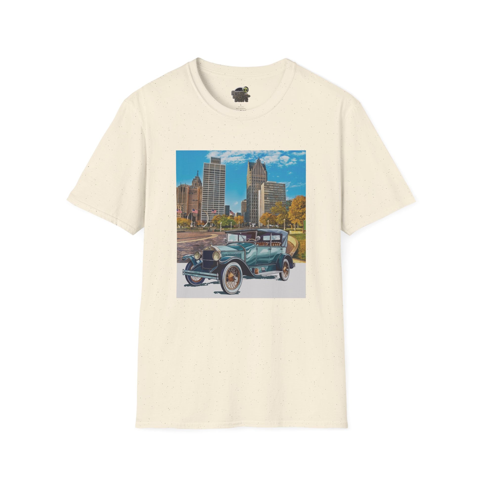 White t-shirt with a graphic of an old Buick car and cityscape 