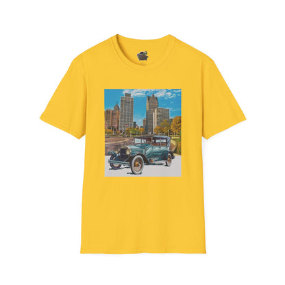 Yellow t-shirt with a graphic of an old buick car and cityscape 
