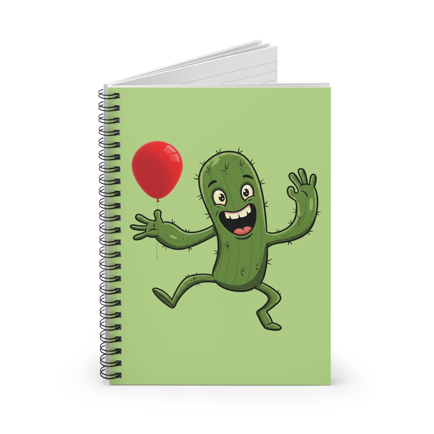 Close-up image of a spiral notebook with a cute, minimalist cartoon cactus holding a red balloon. Sentimental stationery gift for plant lovers.