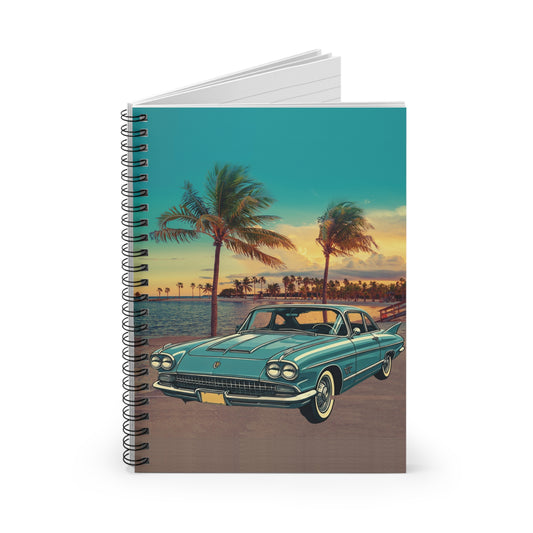 Notebook with a vintage Cadillac Eldorado car and palm tree design on the cover