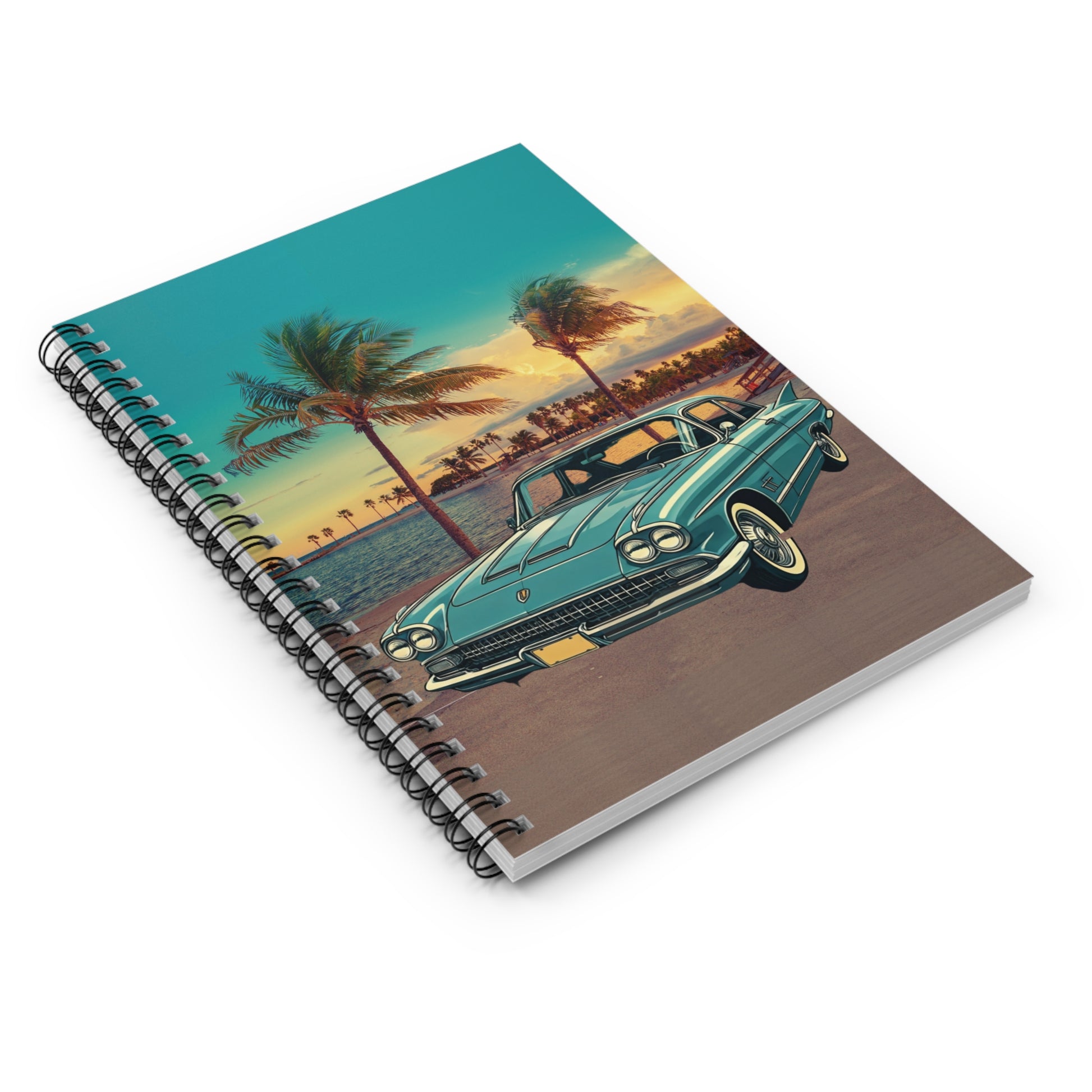 Spiral-bound notebook with a vintage Cadillac Eldorado car and beach scene cover